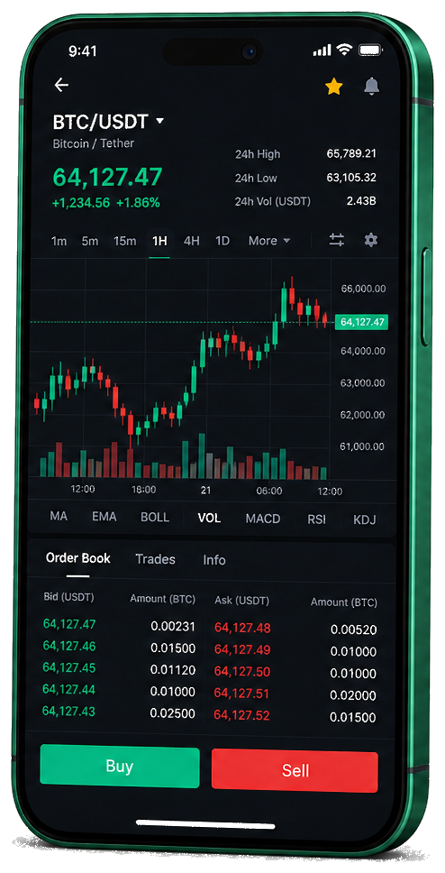 Zenith Kapivex trading app on mobile — live BTC/USDT graph, order depth, and trading controls